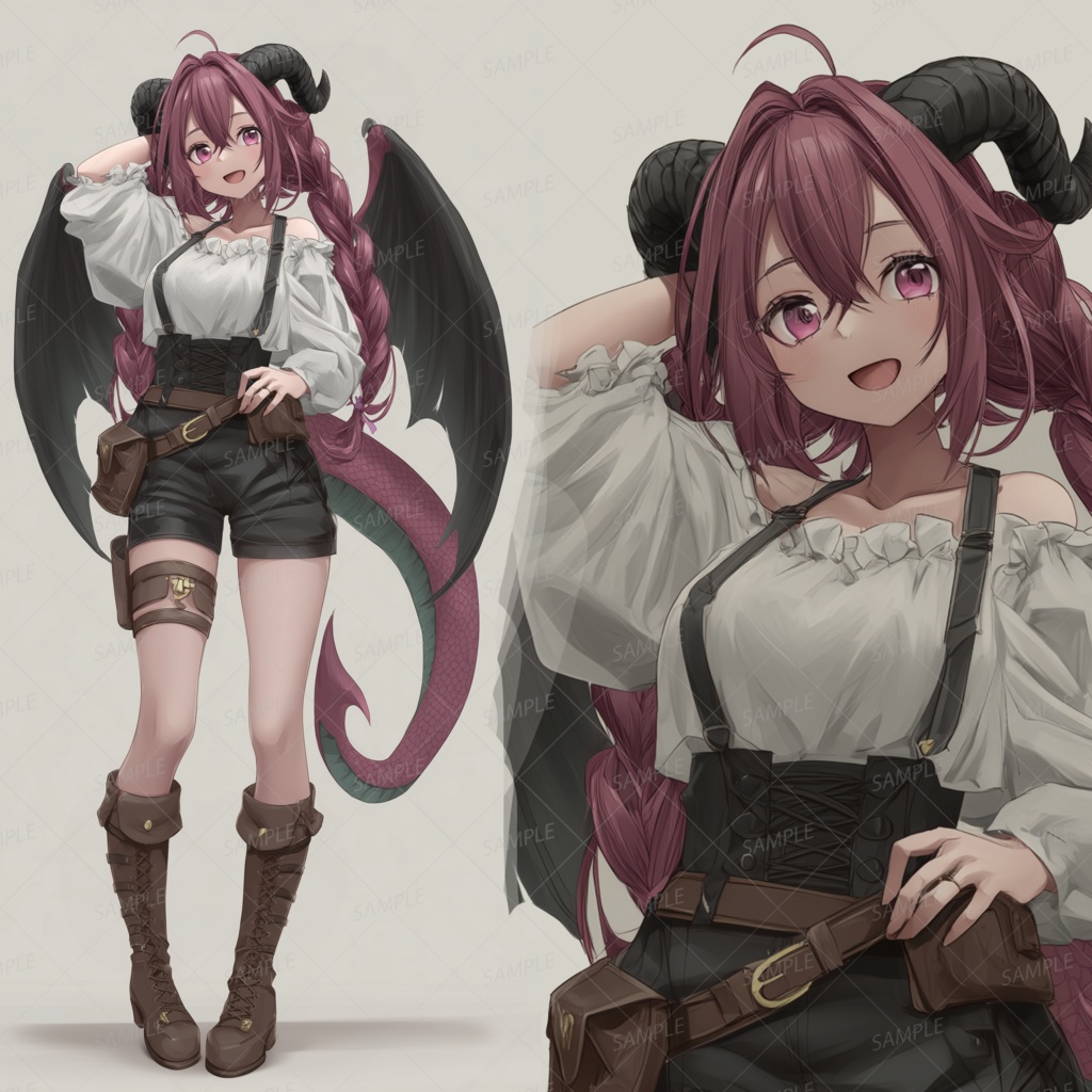 【獣人】角と翼と尻尾を持つ三つ編み少女_立ち絵