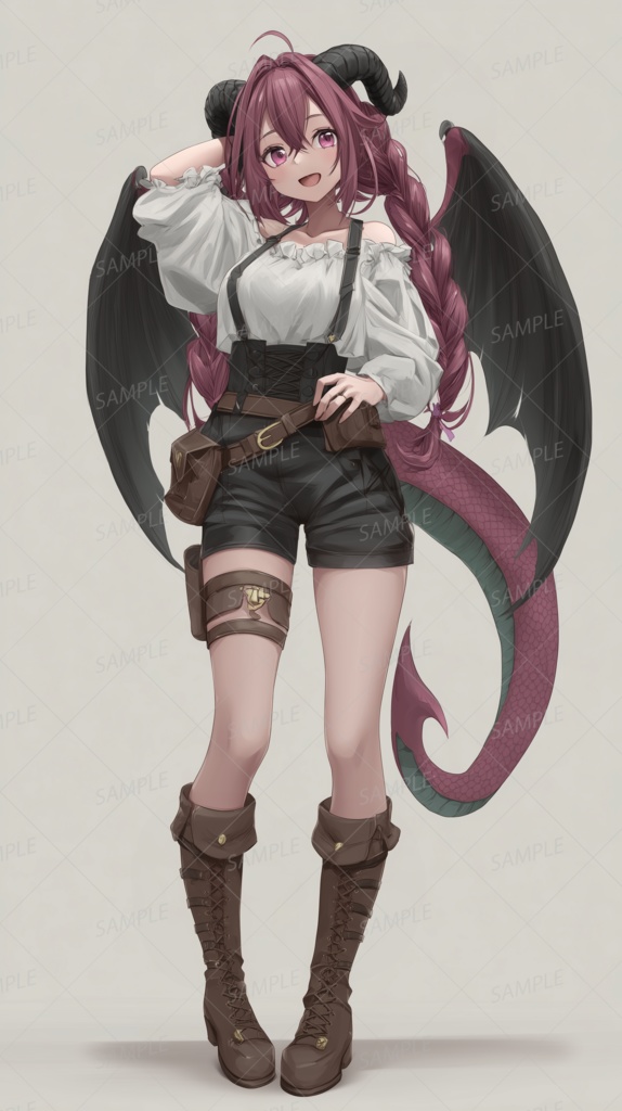 【獣人】角と翼と尻尾を持つ三つ編み少女_立ち絵