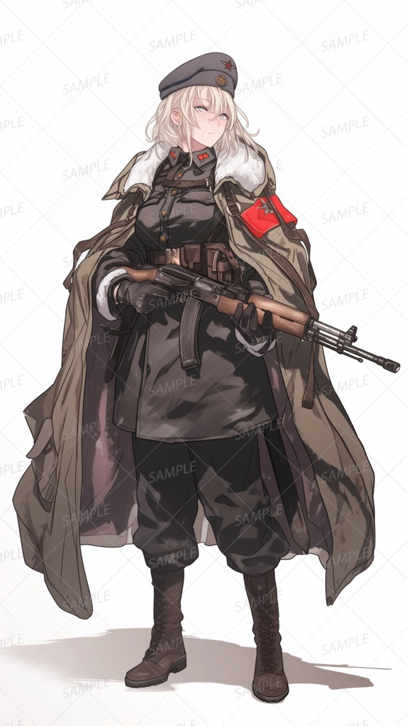 【ファンタジー】金髪セミロングの銃を胸に抱える軍服女性_立ち絵