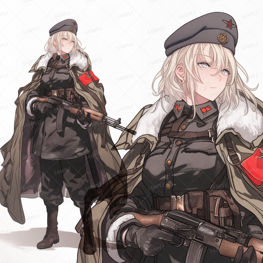 【ファンタジー】金髪セミロングの銃を胸に抱える軍服女性_立ち絵