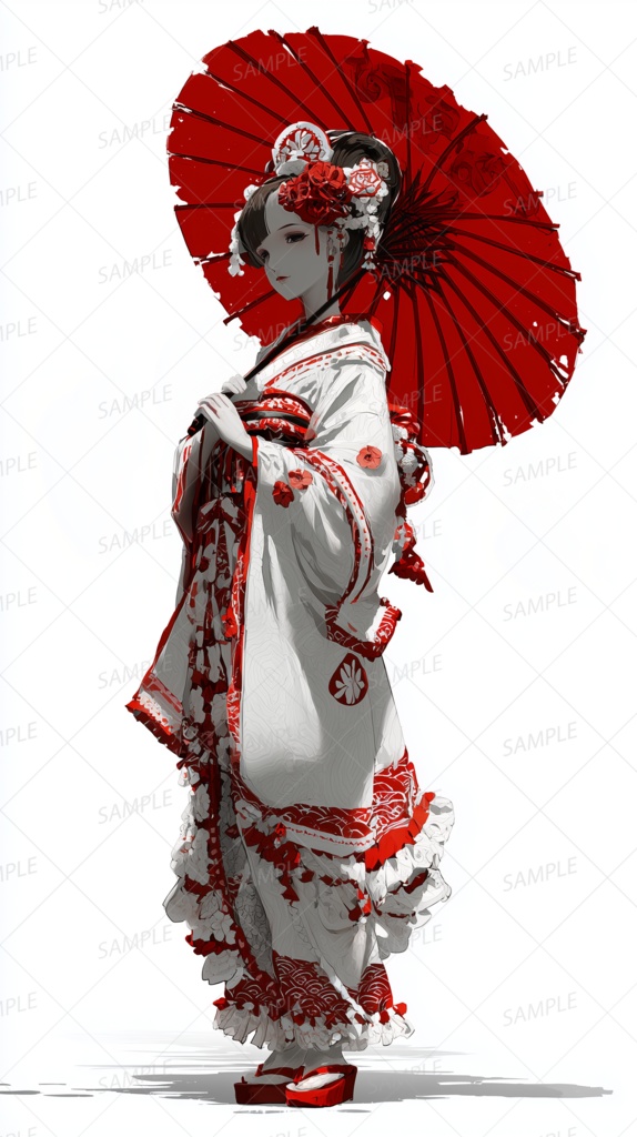 【和風】赤い和傘を持つ着物美人_立ち絵