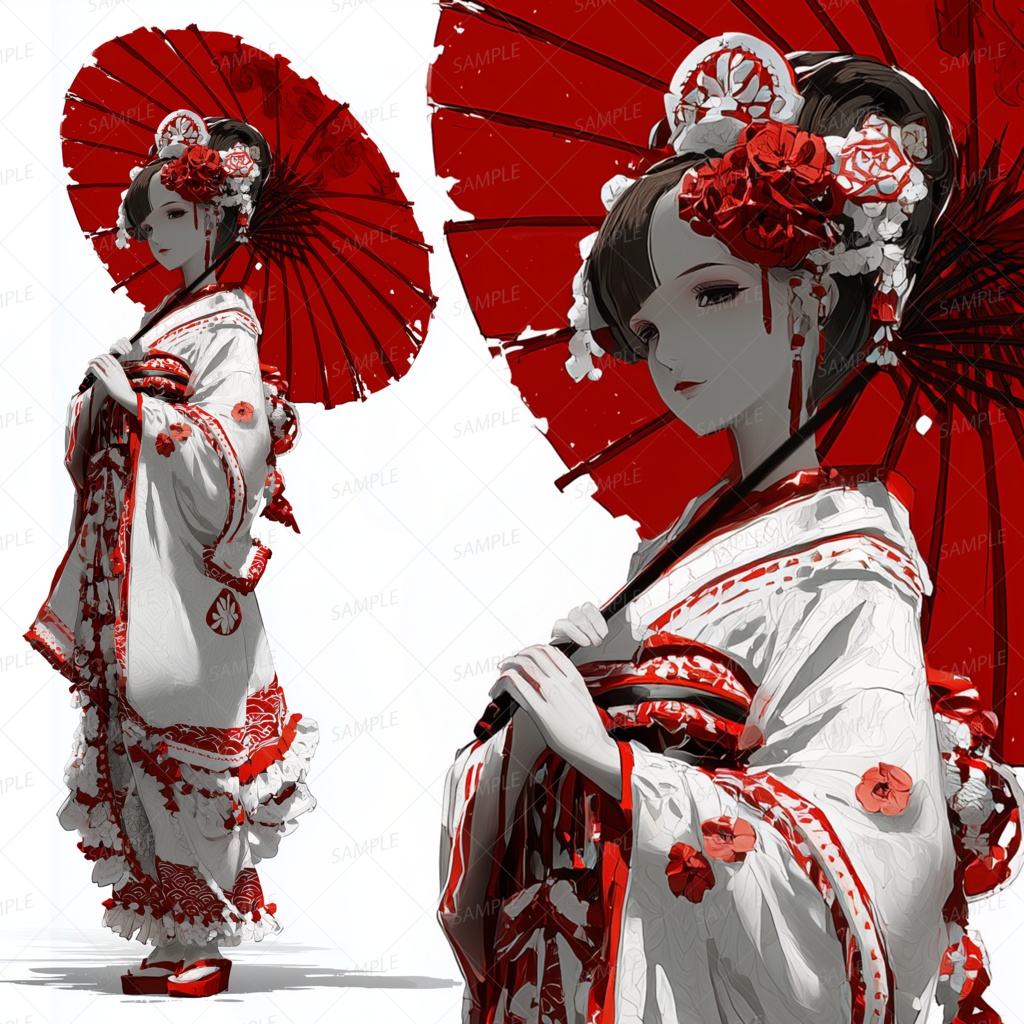 【和風】赤い和傘を持つ着物美人_立ち絵