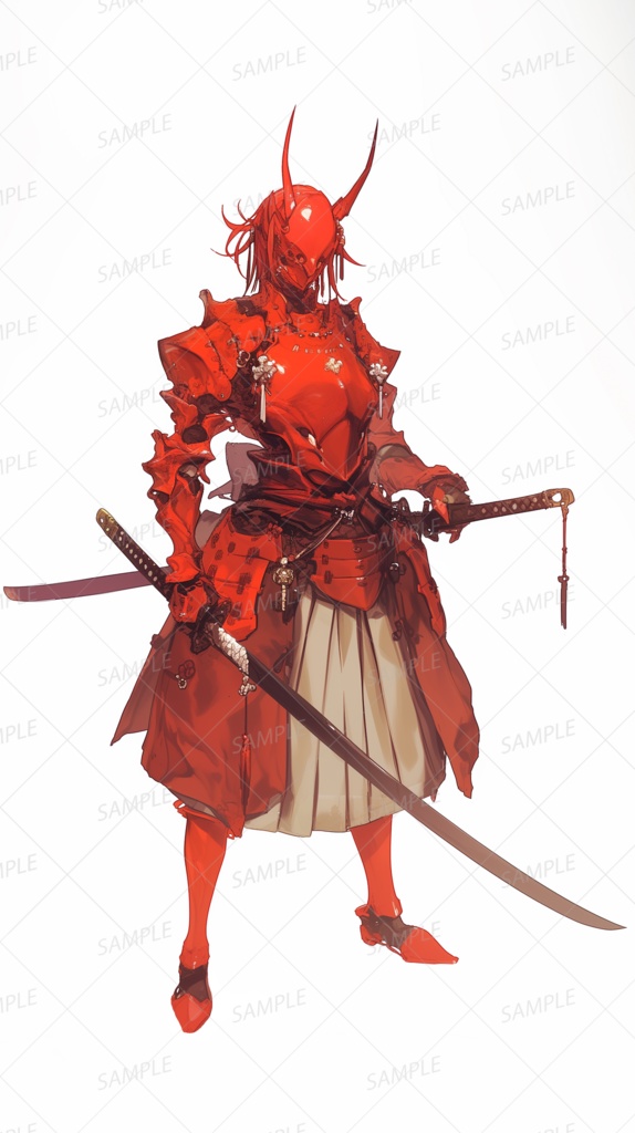 【和風】赤い角兜と鎧の二刀流女武者_立ち絵