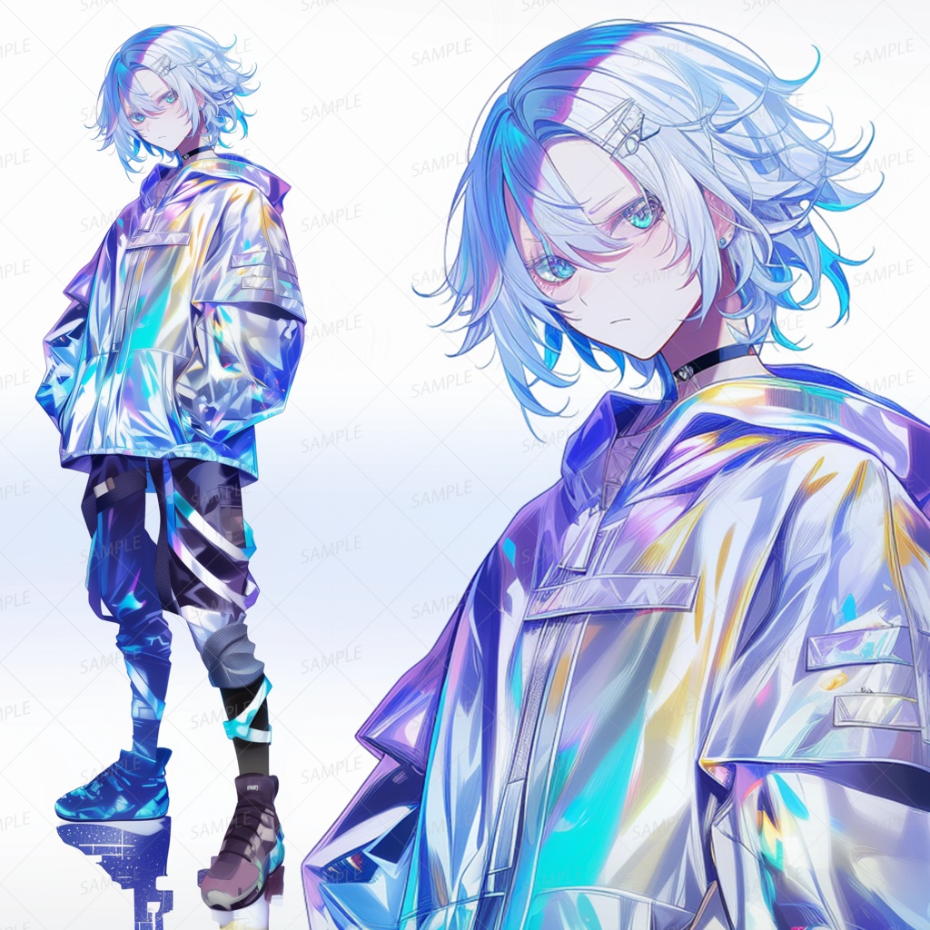 【私服】ホログラムジャケットの白髪少年_立ち絵