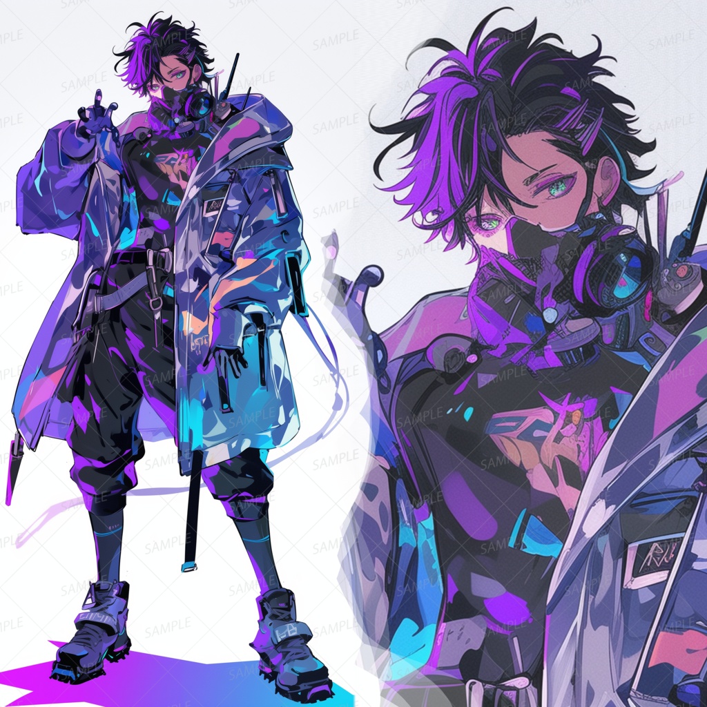 【ファンタジー】ガスマスクの青紫ネオンな男_立ち絵