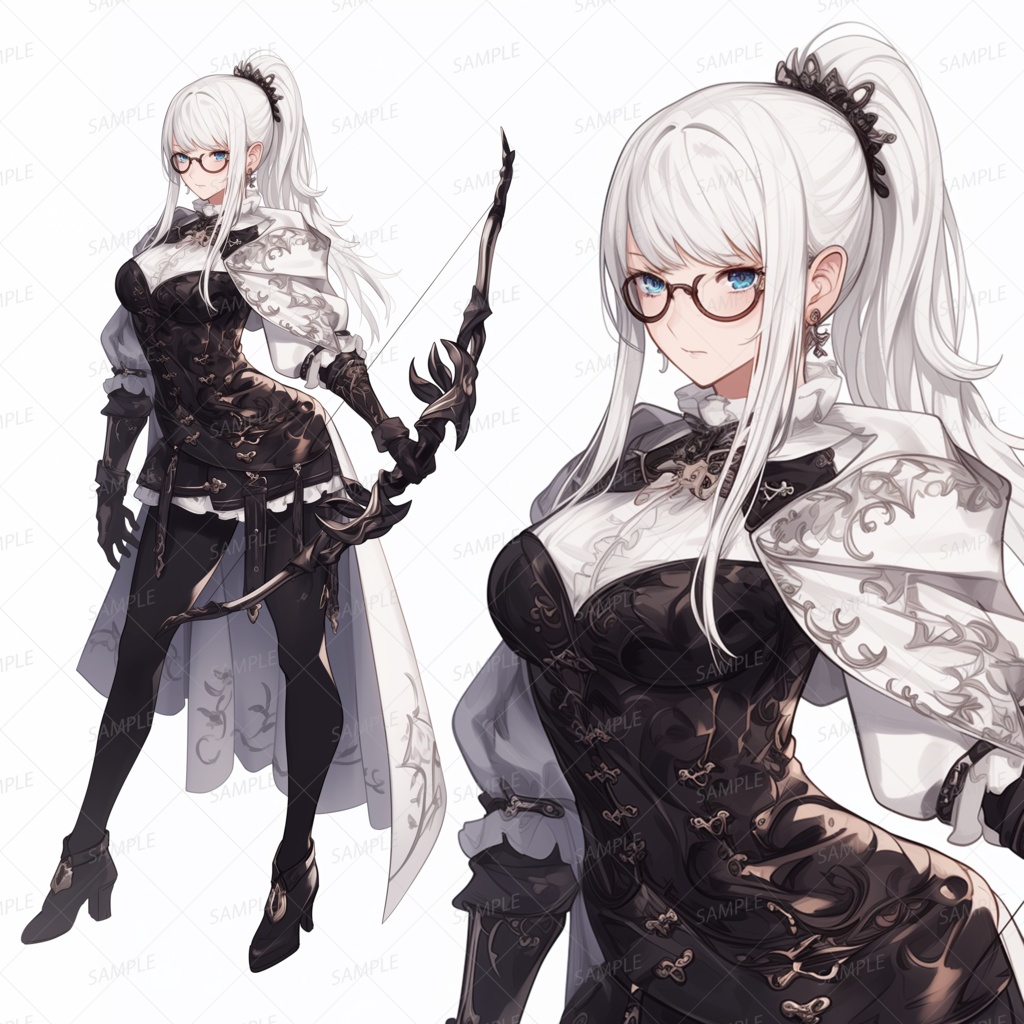 【ファンタジー】白髪ポニーテール眼鏡の弓使い女性_立ち絵