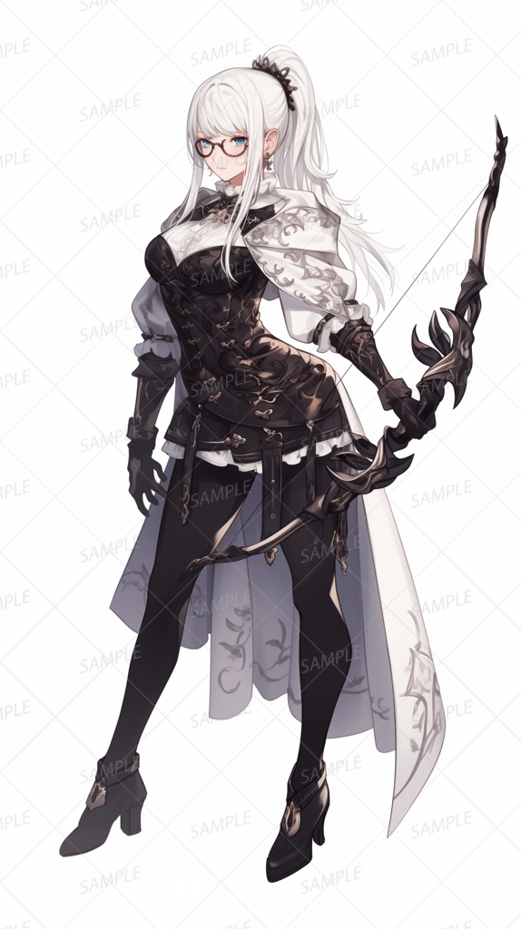 【ファンタジー】白髪ポニーテール眼鏡の弓使い女性_立ち絵