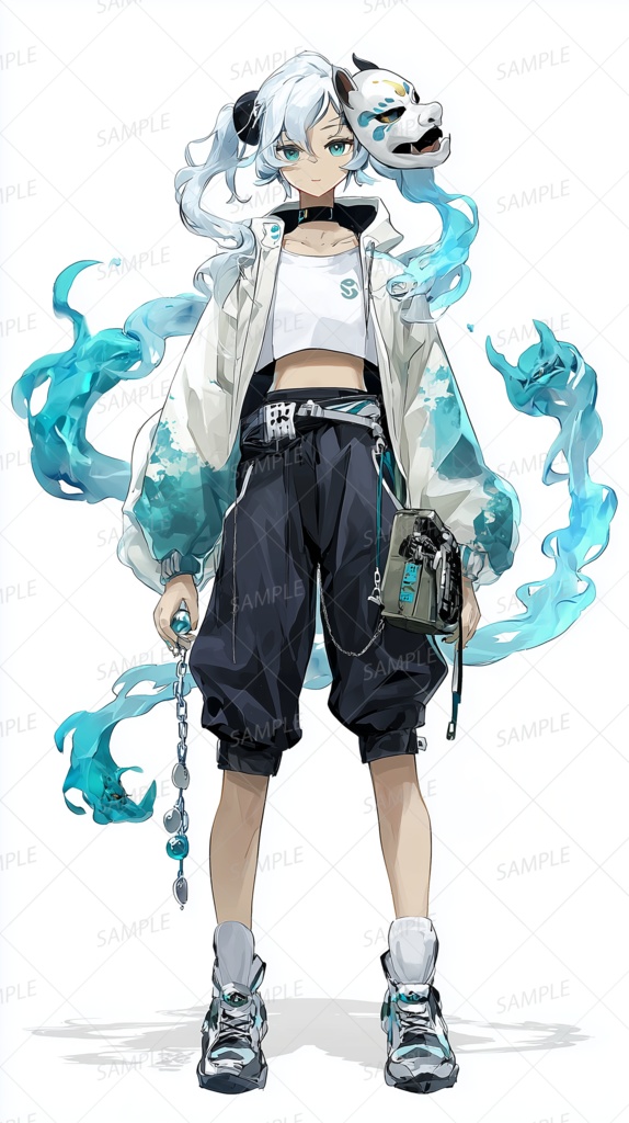 【ファンタジー】狐のお面の青炎使いの少女_立ち絵