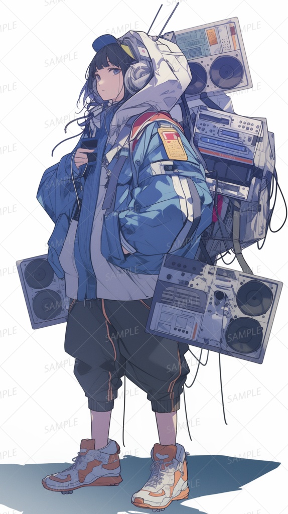 【私服】大量のラジカセを背負ったヘッドホン少女_立ち絵