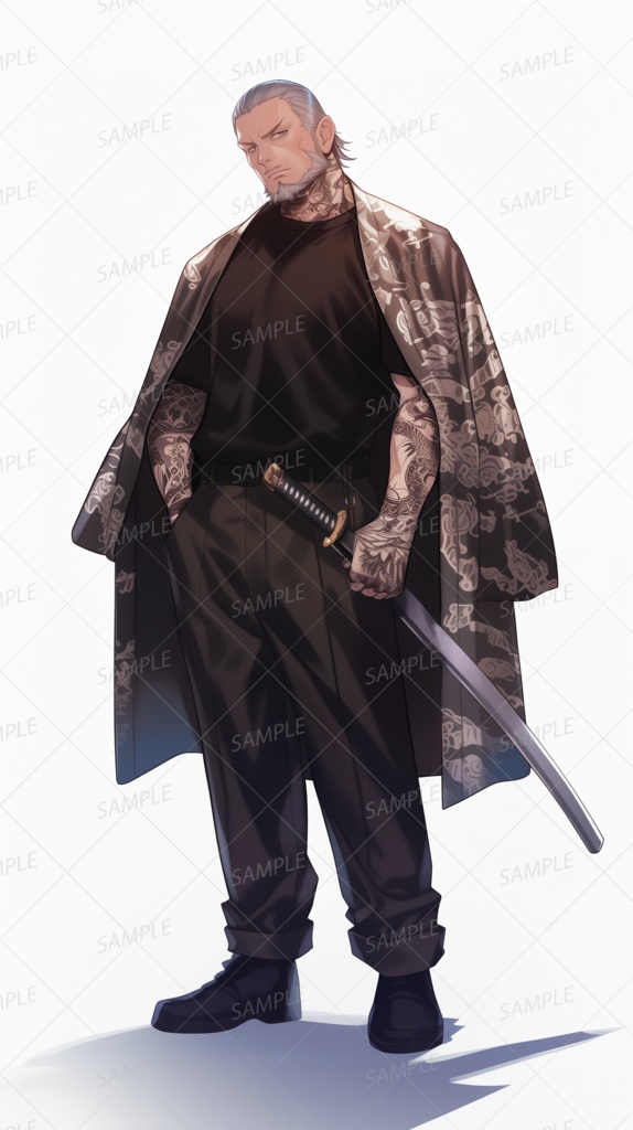 【ファンタジー】和柄の羽織と刀を携えた刺青の中年_立ち絵