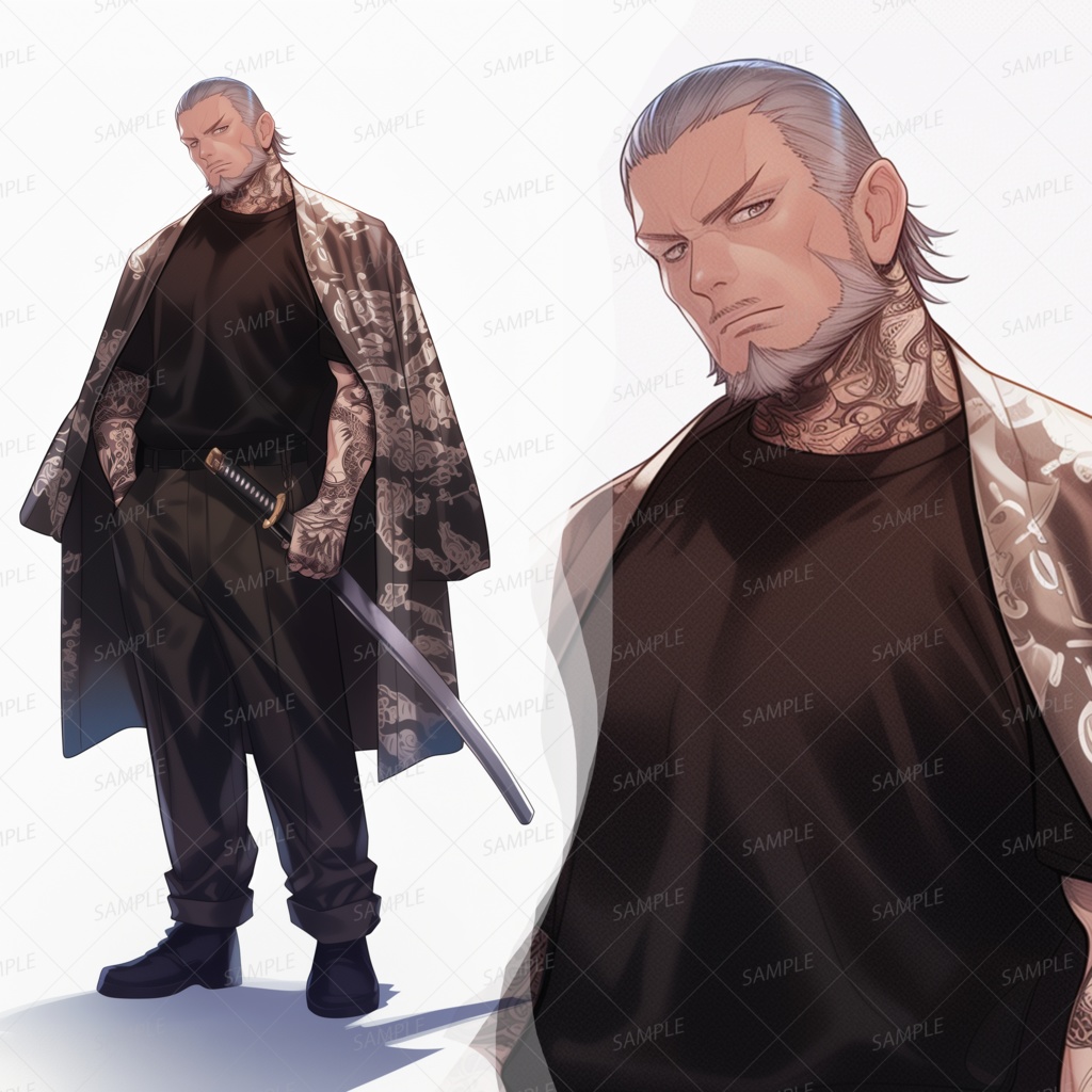 【ファンタジー】和柄の羽織と刀を携えた刺青の中年_立ち絵