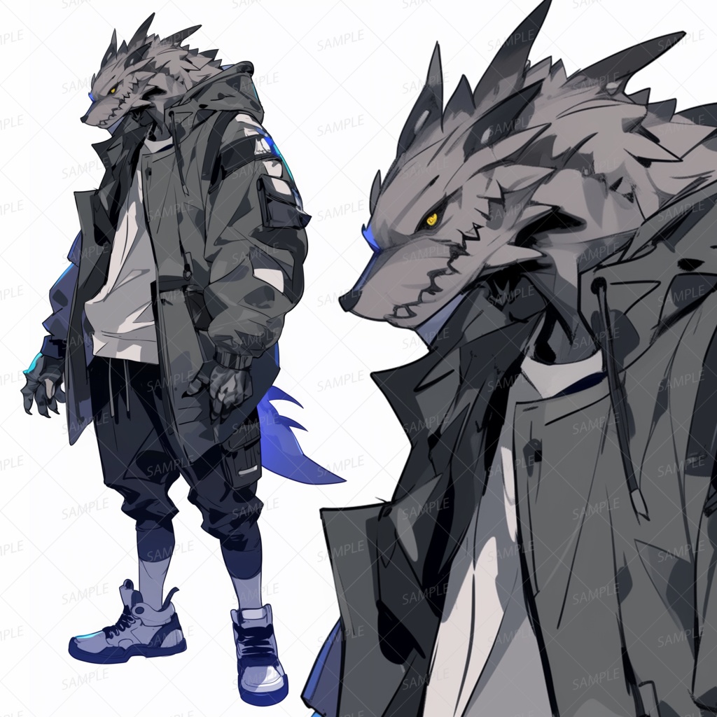 【獣人】フードジャケットを着た灰色狼_立ち絵