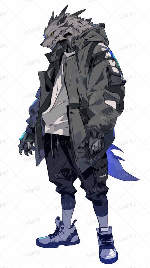 【獣人】フードジャケットを着た灰色狼_立ち絵