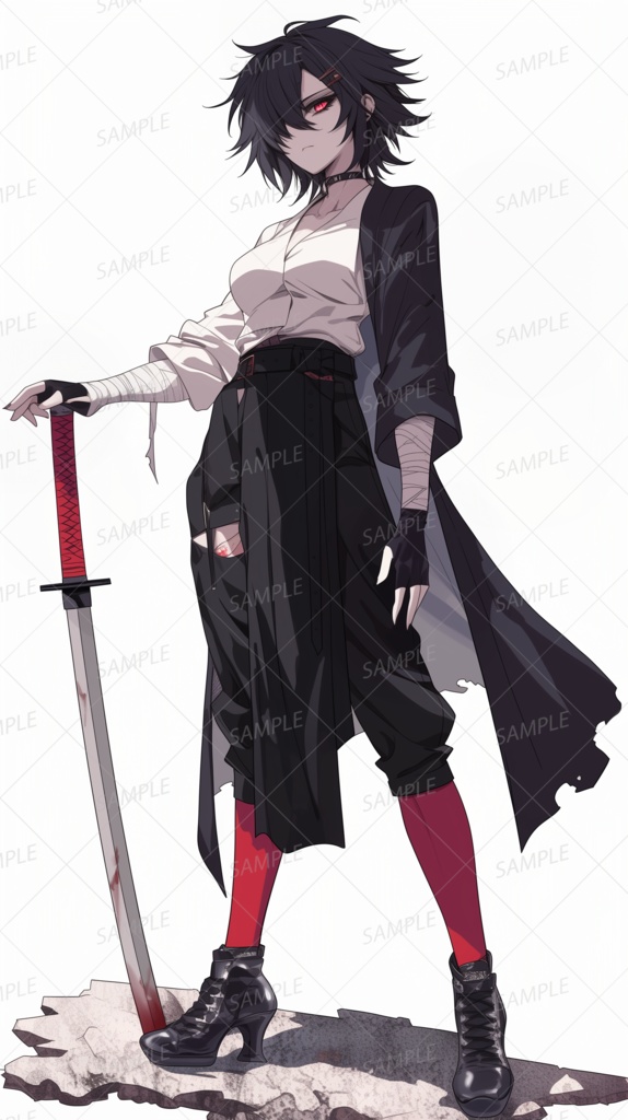 【ファンタジー】刀を突き立てた無表情の赤目少女_立ち絵