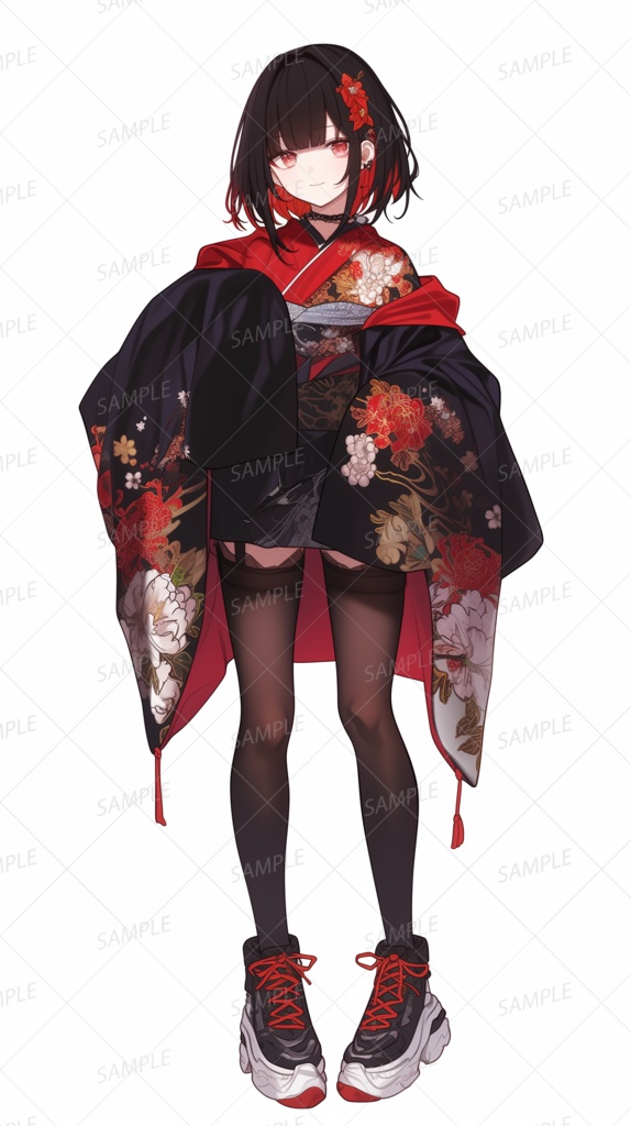 【和風】紅と黒のモダン着物娘_立ち絵