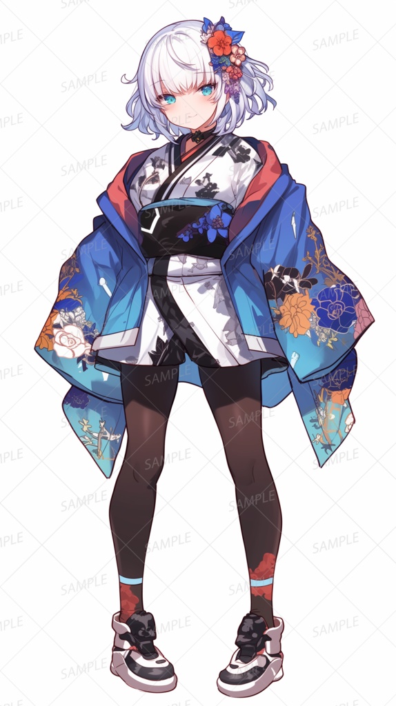 【和風】蒼と白のモダン着物娘_立ち絵