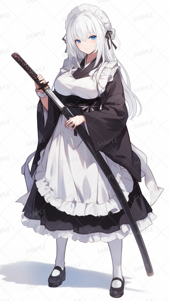 【ファンタジー】刀を持つ青い瞳の白髪メイド_立ち絵