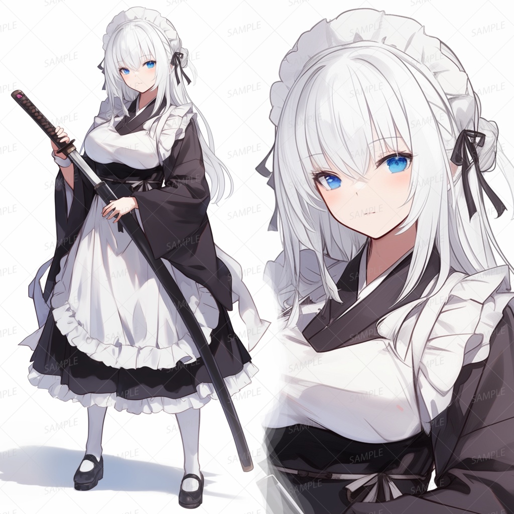 【ファンタジー】刀を持つ青い瞳の白髪メイド_立ち絵