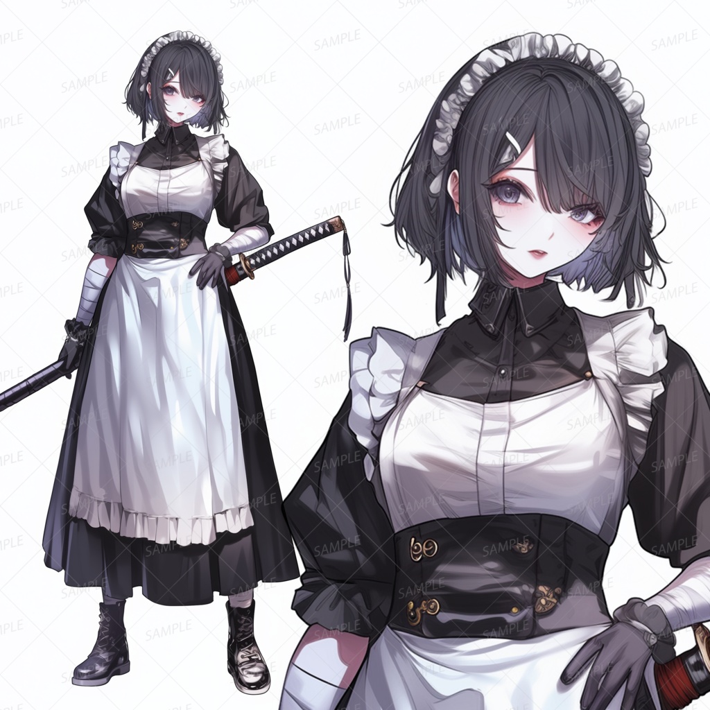 【ファンタジー】黒手袋と日本刀を帯びた黒髪ショートメイド_立ち絵