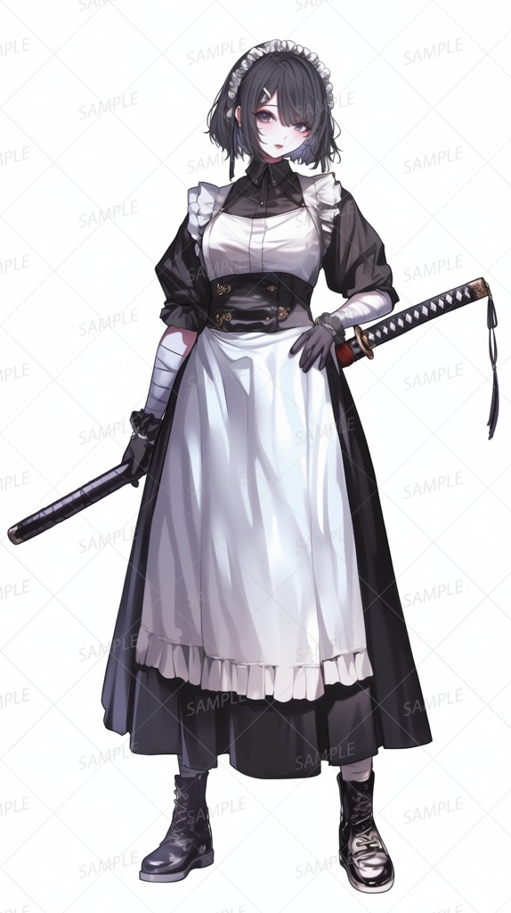 【ファンタジー】黒手袋と日本刀を帯びた黒髪ショートメイド_立ち絵