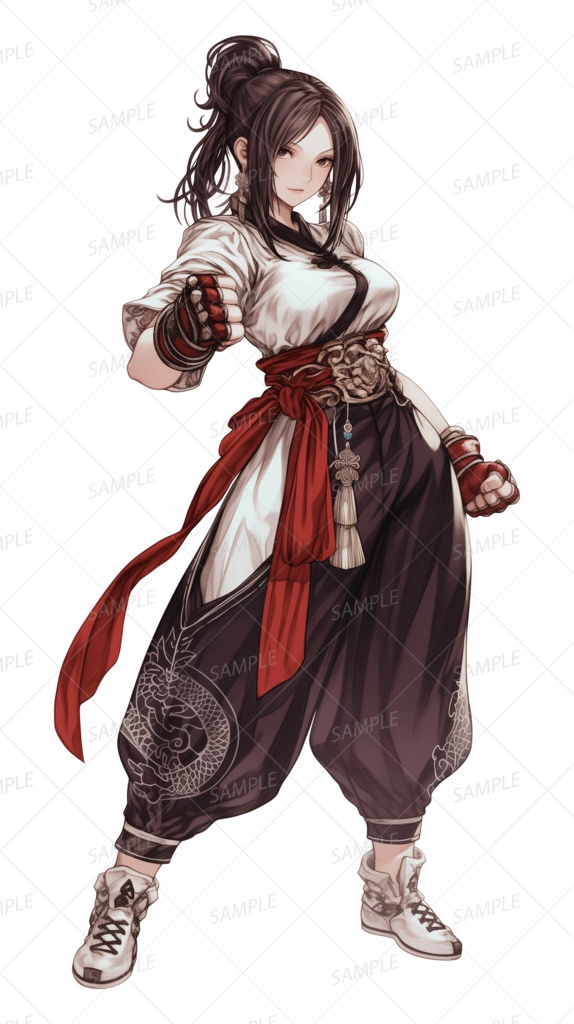 【ファンタジー】片拳を構えるポニーテール格闘家_立ち絵