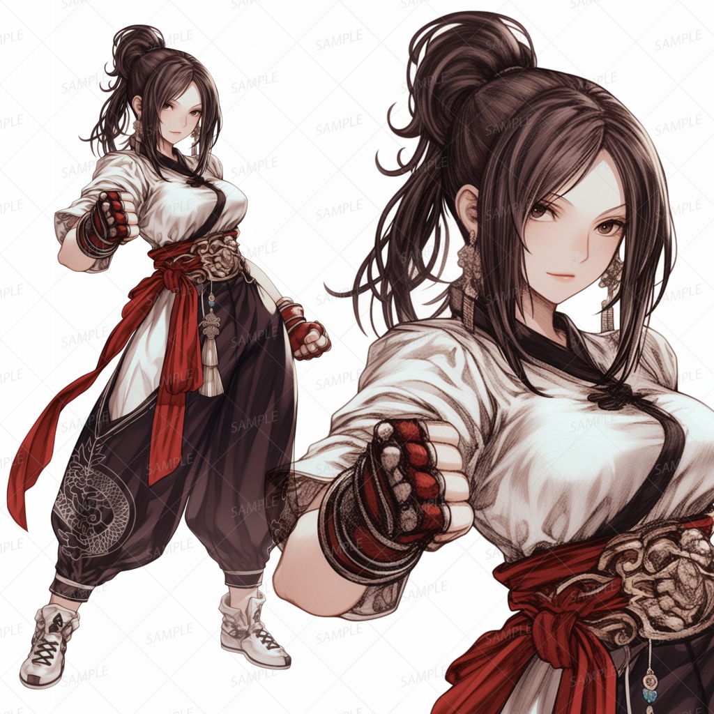 【ファンタジー】片拳を構えるポニーテール格闘家_立ち絵