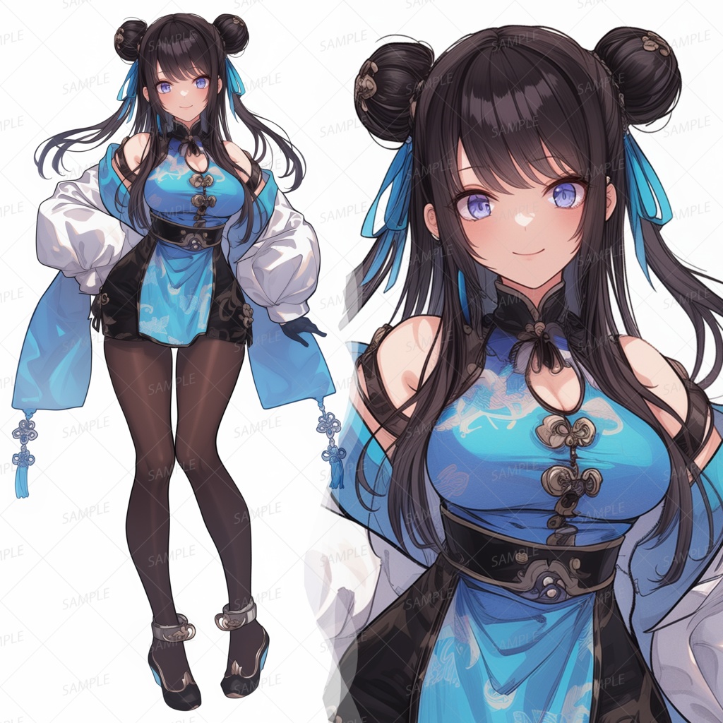 【ファンタジー】青チャイナミニのツインお団子娘_立ち絵