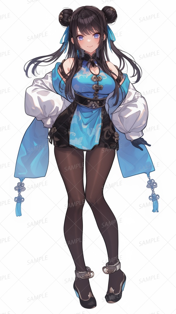 【ファンタジー】青チャイナミニのツインお団子娘_立ち絵