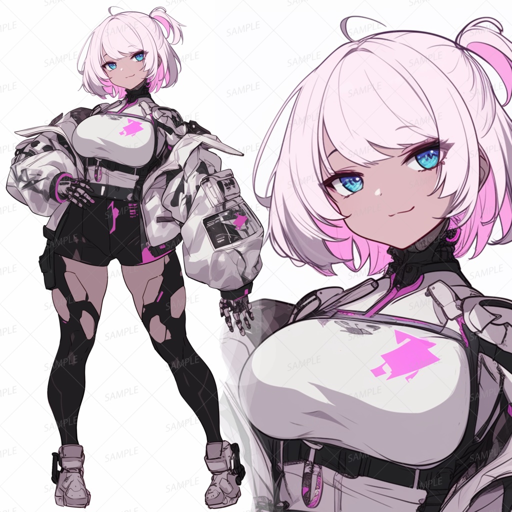 【メカ】片結びピンク髪の青眼サイボーグ少女_立ち絵
