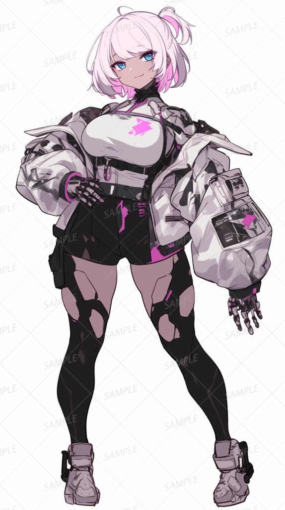 【メカ】片結びピンク髪の青眼サイボーグ少女_立ち絵