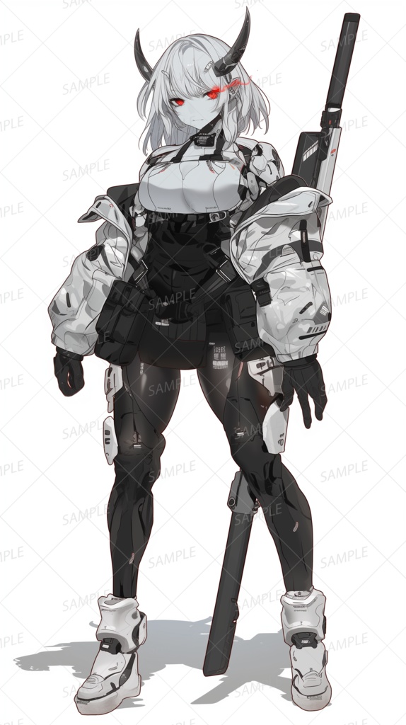 【メカ】赤眼のサイバー鬼娘と大型武器_立ち絵