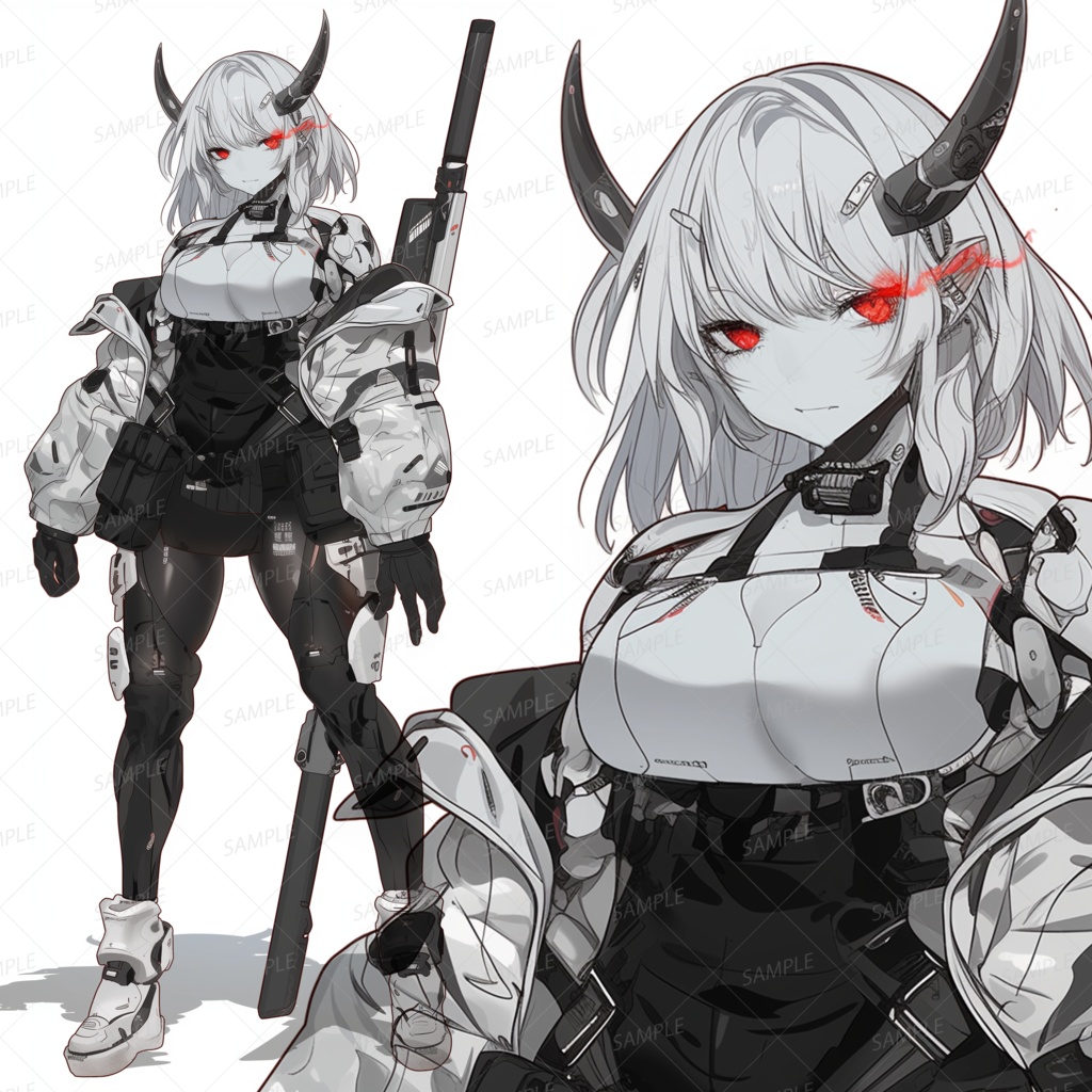 【メカ】赤眼のサイバー鬼娘と大型武器_立ち絵