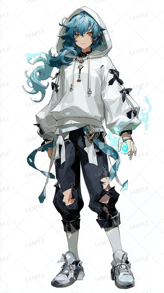 【ファンタジー】炎を操る青髪の白パーカー異能者_立ち絵