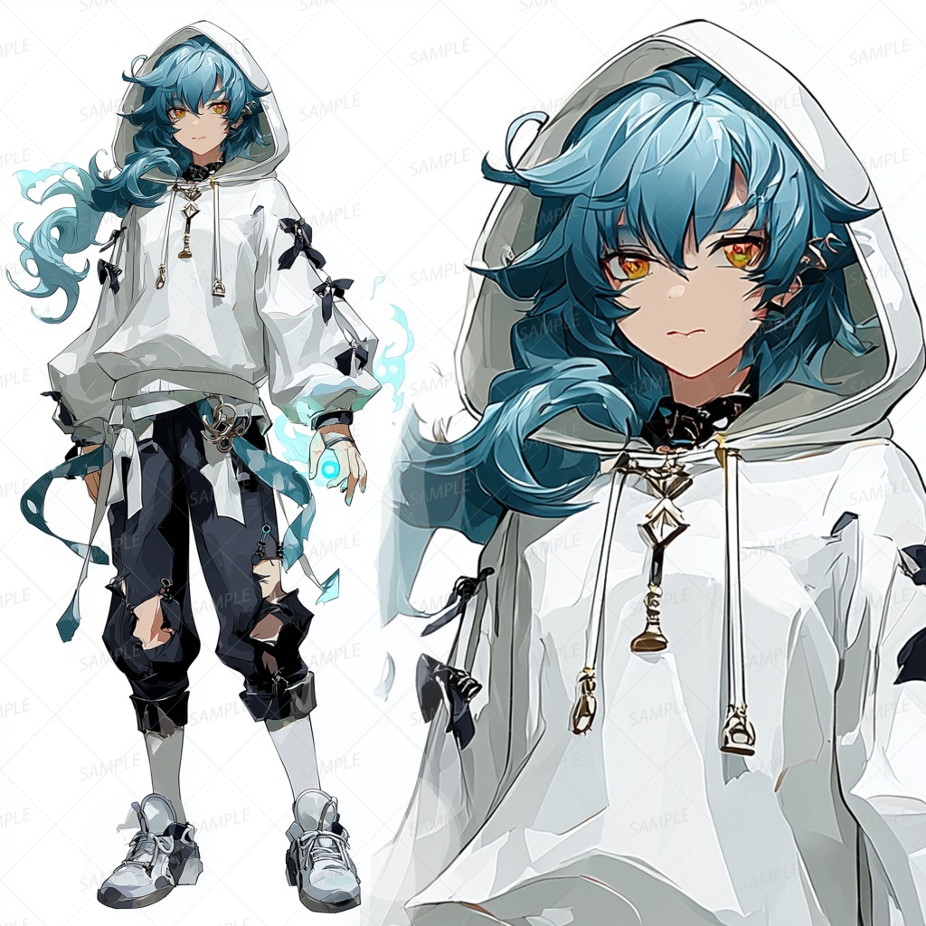 【ファンタジー】炎を操る青髪の白パーカー異能者_立ち絵
