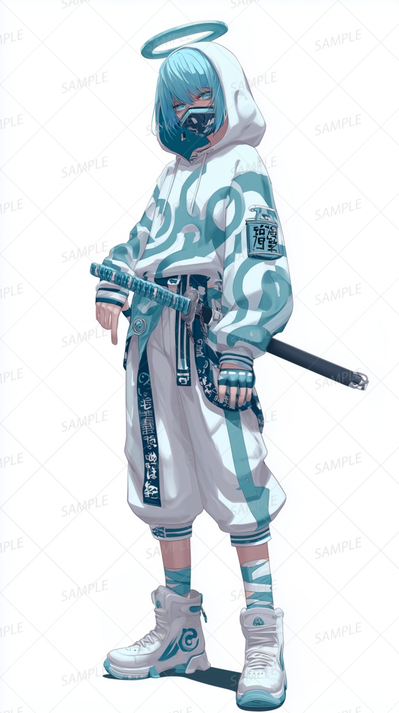 【ファンタジー】小刀を帯びた青髪のマスク天使_立ち絵