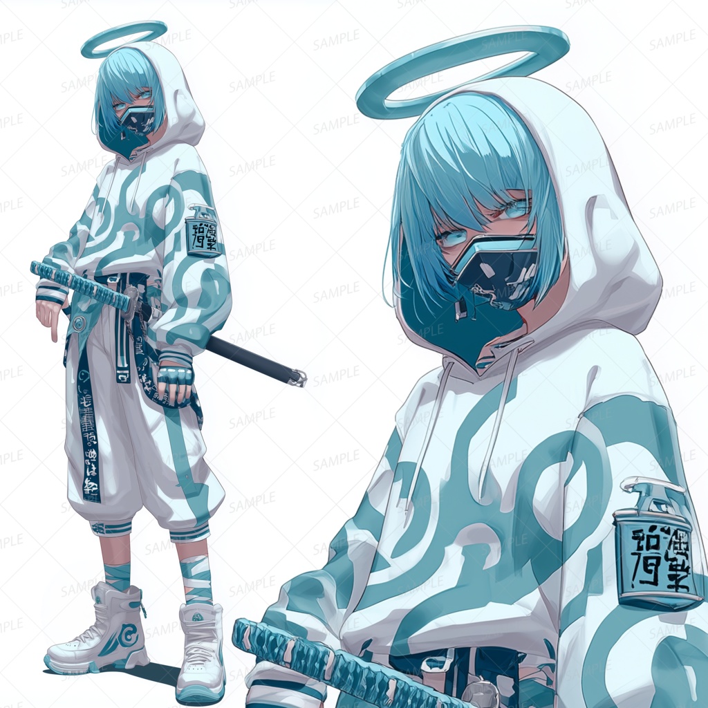 【ファンタジー】小刀を帯びた青髪のマスク天使_立ち絵