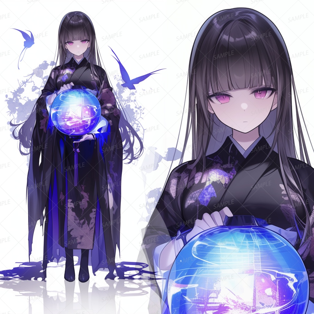 【和風】球体を抱えた着物の黒髪巫女_立ち絵