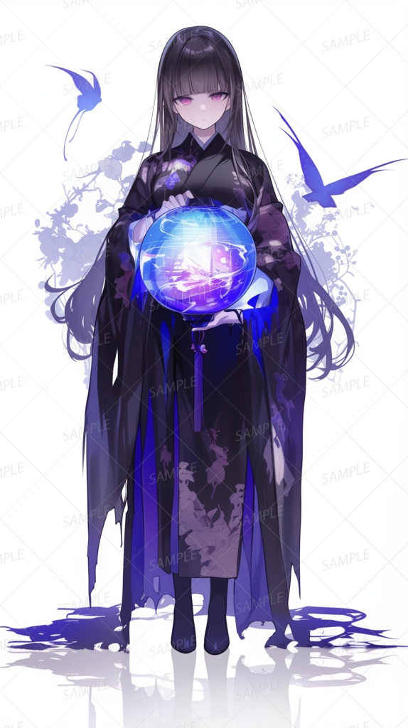 【和風】球体を抱えた着物の黒髪巫女_立ち絵