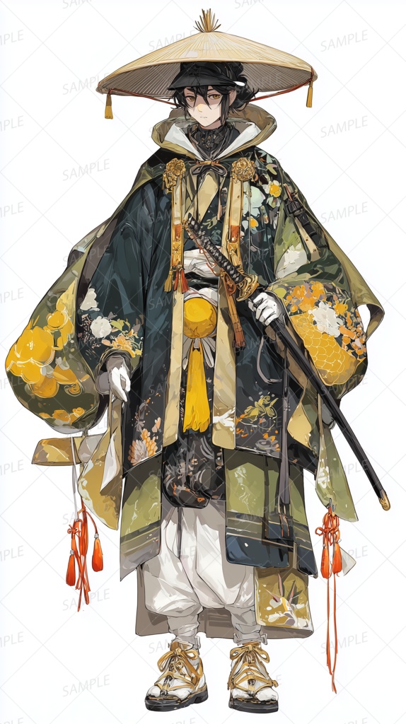 【和風】菅笠をかぶった緑金の羽織の侍_立ち絵