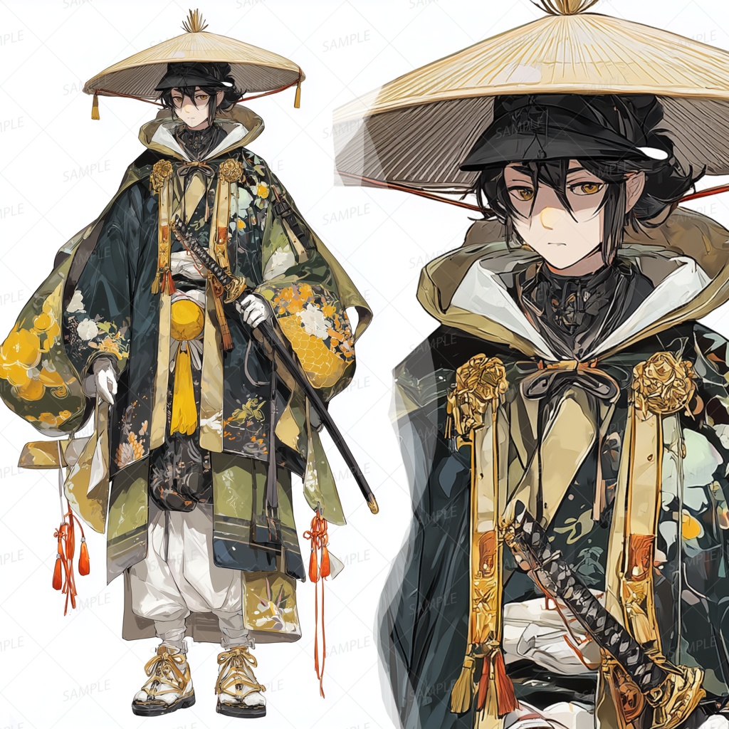 【和風】菅笠をかぶった緑金の羽織の侍_立ち絵