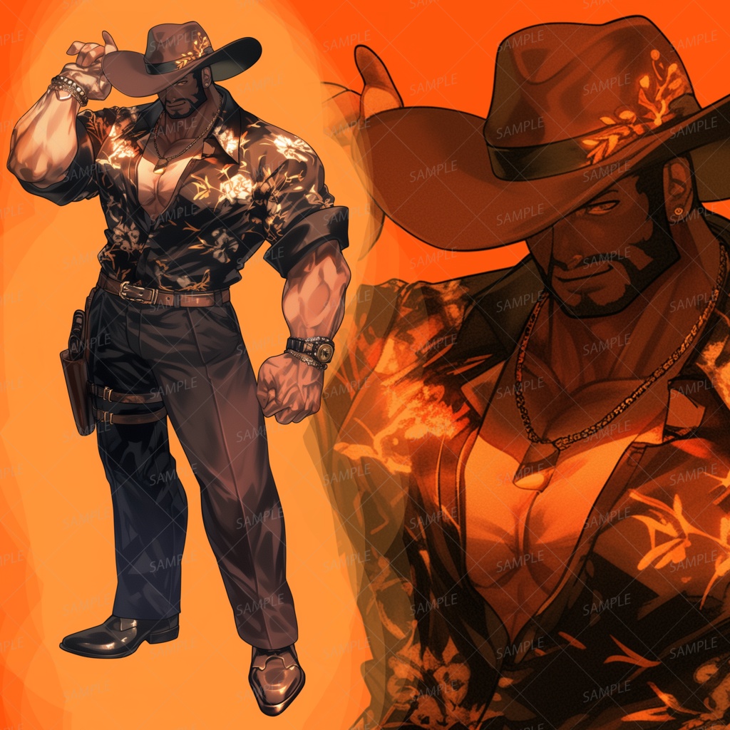 【ファンタジー】花柄シャツの筋肉質カウボーイ_立ち絵