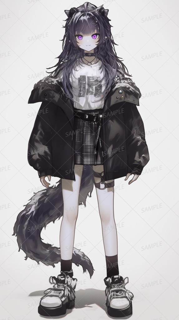 【獣人】紫の瞳の黒髪ケモ少女_立ち絵