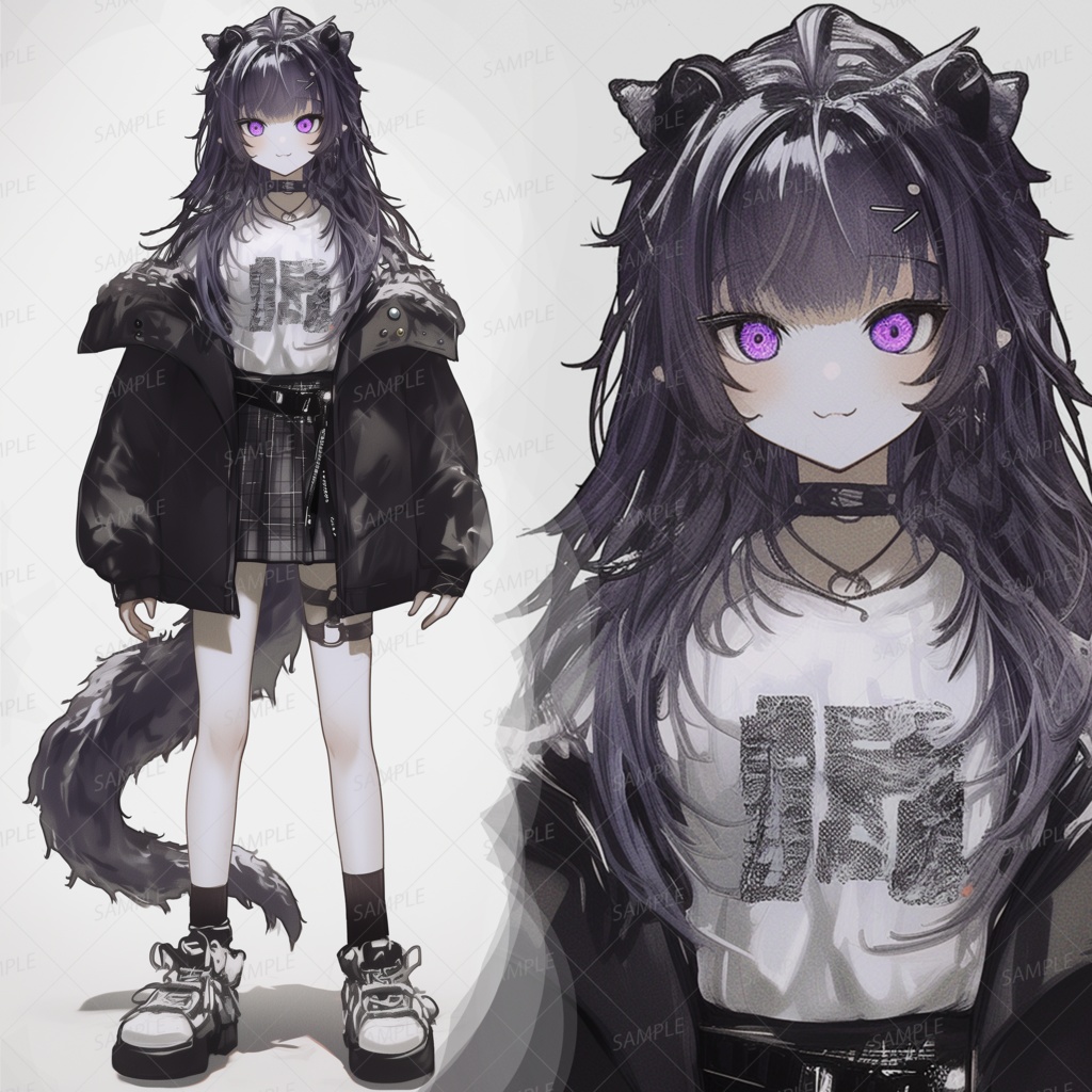 【獣人】紫の瞳の黒髪ケモ少女_立ち絵