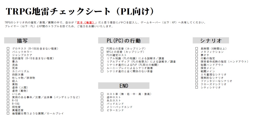 TRPG用地雷チェックシート【こざめ舎】