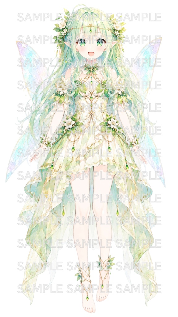 8月末まで限定セール価格!【汎用立ち絵】森の妖精|水彩画・緑髪・エルフ・妖精・花ドレス・ファンタジー美少女【ちびキャラ付き・商用利用可】