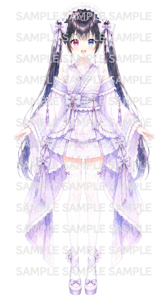 8月末まで限定セール価格!【汎用立ち絵】藤色の和風令嬢|水彩画・黒髪・和装・着物・ツインテール・和風美少女【ちびキャラ付き・商用利用可】