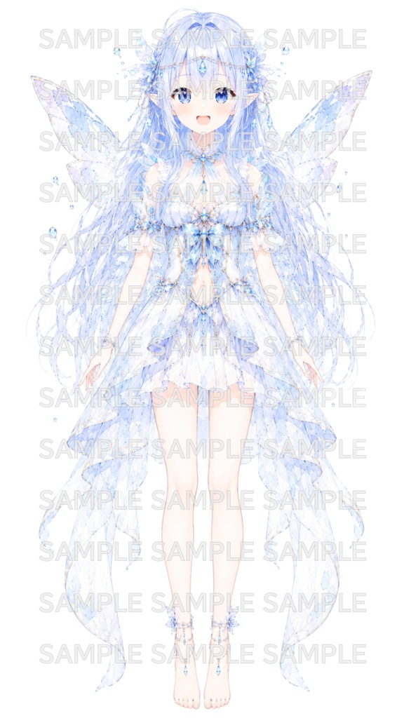 【8月末まで限定セール価格!】汎用立ち絵・氷晶の妖精|水彩画・水色髪・エルフ・妖精・氷・ファンタジー美少女【ちびキャラ付き・商用利用可】