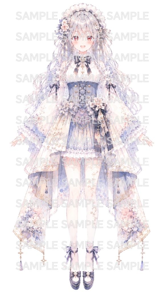 【一点物・限定立ち絵】銀髪の花飾り令嬢|水彩画・お嬢様・ロリータ・ファンタジー美少女【表情差分・ちびキャラ・購入者限定イラスト付き・商用利用可】
