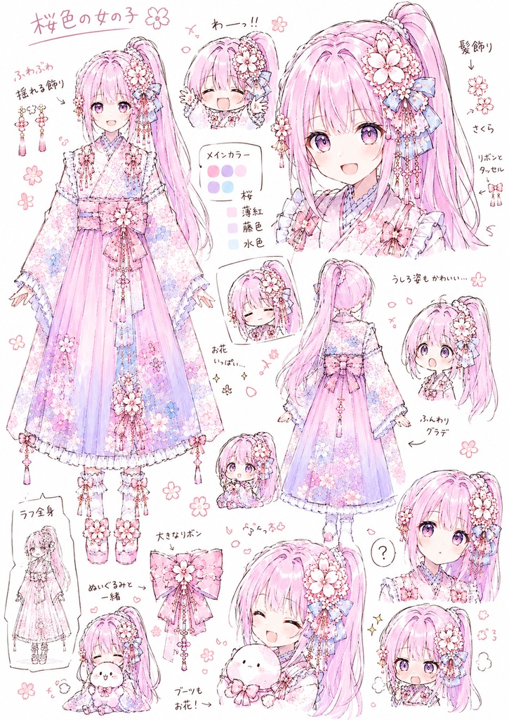 【一点物・限定立ち絵】桜の和風美少女|ピンク髪・着物・和装・水彩画・ファンタジー【表情差分・ちびキャラ・購入者限定イラスト付き・商用利用可】