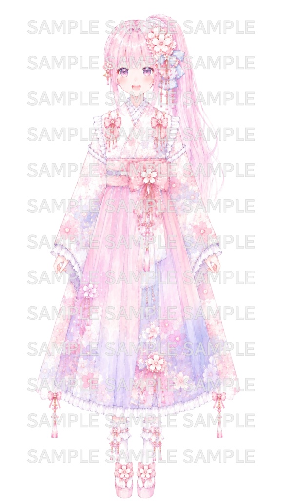 【一点物・限定立ち絵】桜の和風美少女|ピンク髪・着物・和装・水彩画・ファンタジー【表情差分・ちびキャラ・購入者限定イラスト付き・商用利用可】
